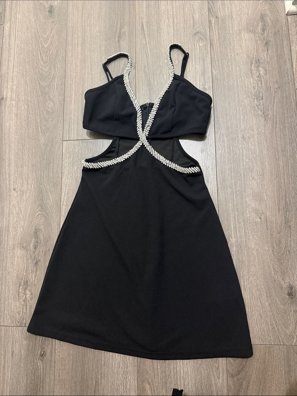 Black Cutout Mini Dress with Rhinestone Trim